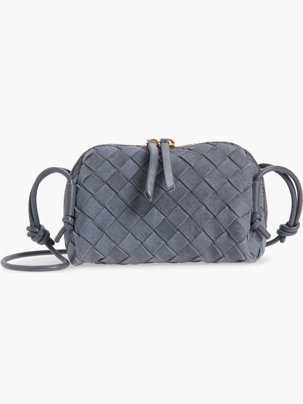 New Bottega Veneta Concert Pouch Cloudy Indigo Suede with gold hardware